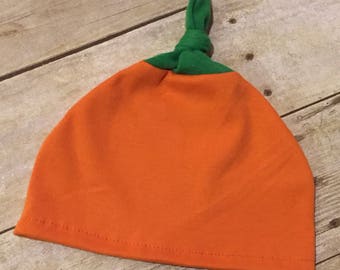 Pumpkin top knot baby hat, knit cotton halloween cap, hospital