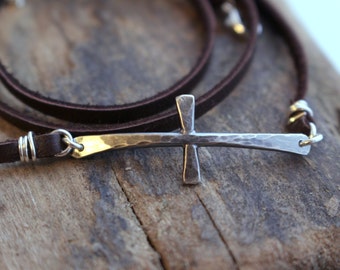 Rustic Sterling Silver Leather Wrap Cross Bracelet - Sterling Silver Cross Bracelet