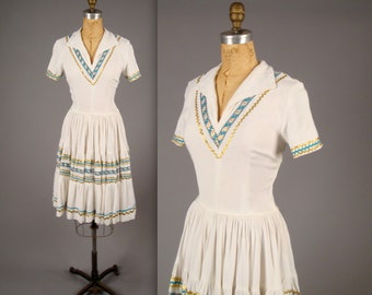 1960s white western wear patio dress • vintage 60s squaw dress • ric rac trim summer fiesta dress