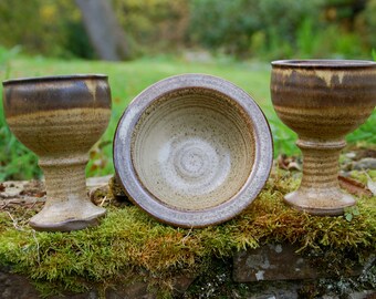 2 Stoneware Chalices / Goblets and Offering Bowl/Vessel- Handfasting - Pagan - Wicca - Ritual - Witchcraft - Solstice