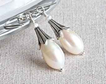 Flower Earrings, White Pearl Earrings, Sterling Silver Drop Earrings, Freshwater Pearl Earrings, Designer Earrings, Real Pearl Jewelry