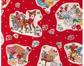 HALF YARD Yuwa - Little Animals, Bear, Kitten, Deer on Red 116509-D - Atsuko Matsuyama 30s collection - Japanese Import Fabric