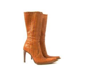 Gianni Bravo Boots Tall Tan Light Brown Braided Leather Boots Fashion Boots High Heel Woven Leather Boots Womens size US 6.5 EU 37