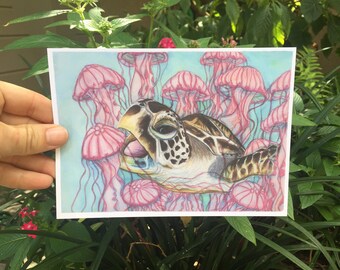 Hungry Sea Turtle, Jellyfish, Ocean - Art Print