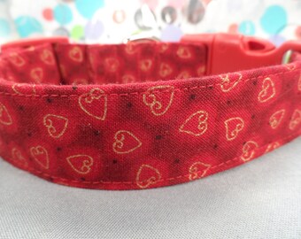 Valentine Dog Collar, Gold Hearts on Red Dog Collar