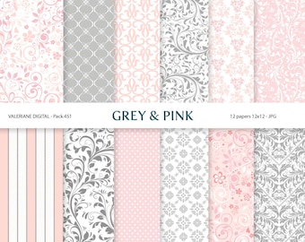 Digital papers in pink and grey, digital backgrounds - 12 jpg files 12x12 - INSTANT DOWNLOAD Pack 451
