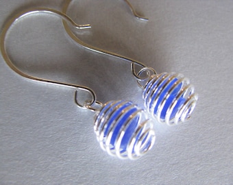 Cobalt Blue Beach Glass Earrings - Tiny Caged Ball Earrings - Beach Glass Jewelry - Holiday Gifts - Mermaid Tears PEI