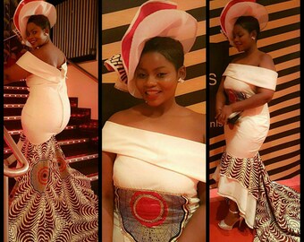 African print dress, red carpet long tail dress African design dress, off shoulder zip at the back fish tail dress with matching fascinator