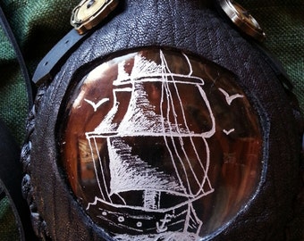 Leather wrapped Etched Glass Flask with pirate ship-Steampunk-pirate-renaissance faire