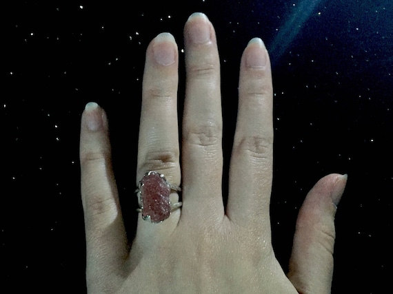Solid Sterling Silver Rough Raw Sun Stone Red Inclusions Ring Huge Gemstone Double Banded Statement Ring Size 5, 5.5, 6
