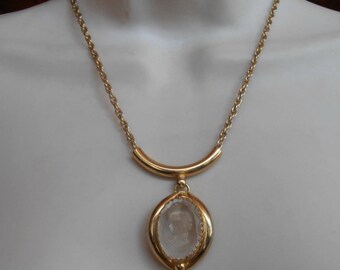 Whiting Davis Cameo Lavalier Necklace, Clear Glass Intaglio, Vintage 1960s