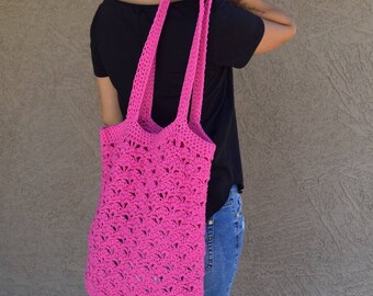 Crochet tote bag shoulder bag 100% cotton avoska handmade bag beach farmers market boho bohemian bright pink summer bag reusable tote
