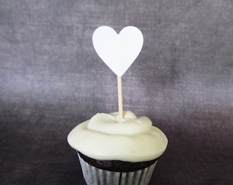 24 White Heart Cupcake Toppers, Mini Food Picks, Party Decor, Weddings, Showers, Summer, Double-Sided, Love, Valentine's Day Decor