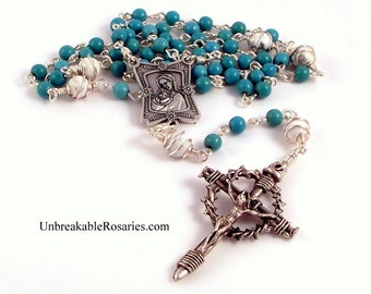 Rosary Beads Virgin and Child In Turquoise and White Magnesite With Nail Crucifix by Unbreakable Rosaries