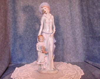 Figurine of Mother and Daughter / Tall Mother and Daughter Porcelain Figurine