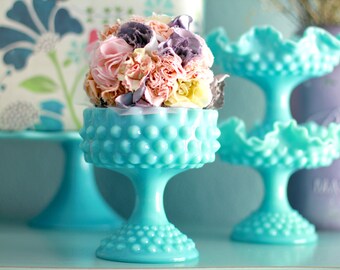 Turquoise Blue Milk Glass Pedestal / Aqua Hobnail Compote / Candy Dish Bowl Pedestal / Candy Dish Stand Wedding Dessert Buffet Bar Candy Bar