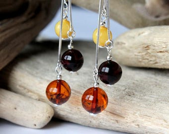 Multicolor amber earrings, amber jewelry, dangle earrings, natural Baltic amber, amber and silver,multi-color earrings, long amber earrings