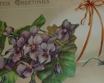 Bunch of Violets With Easter Egg Antique Postcard