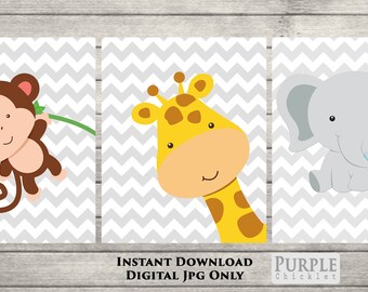 Printable Wall art Jungle Animals Set Giraffe Monkey Elephant Chevron Gray Nursery Room Decor 8x10 JPEG Files 52-54