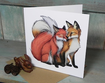 Fox Couple Illustration Square Greeting Card - 280gsm White Card 150 x 150mm Blank Inside with Brown Recycled Envelope