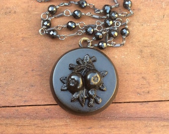 Antique Victorian Gutta Percha Mourning Locket with Fruit, Black Onyx Gemstone Chain