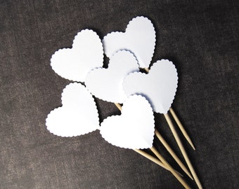 Valentine Party Decor, 24 Scalloped Heart Cupcake Toppers, Food Picks, Weddings, Showers, Love, White, Double-Sided