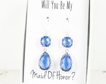 Long Sapphire Blue Silver Teardrop Earrings, Silver Blue Earrings, Blue Wedding Accessories, Bridesmaid Jewelry, Blue Wedding Jewelry