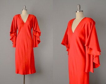 70s Dress // 1970’s Halston Red Bias-Cut Silk Crepe Satin Dress // M - L