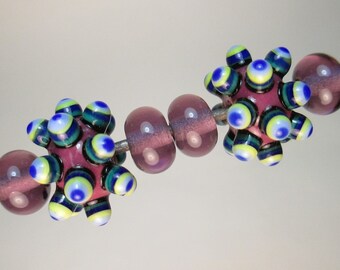 MATCHED PAIRS OF Handmade Lampwork Beads by Patti Cahill, Knobby Gobstoppers + 4 Grape Plains (6 beads total)
