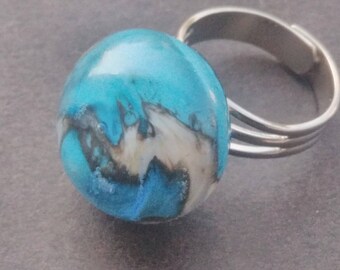 Turquoise and white Lampwork Glass ring