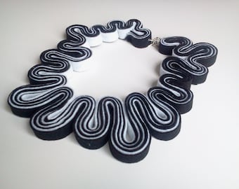 Statement Necklace Felt Necklace Felted Jewelry Recycled Eco Friendly Felt Bib Necklace In Black and White
