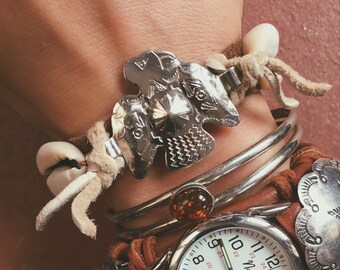 RVC-52, repurposed vintage thunderbird concho and shell genuine leather bracelet