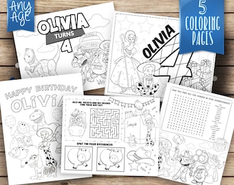 Toy Story personalized coloring pages, 5 printable coloring pages, Toy Story printables, Party games coloring pages, COP004-B