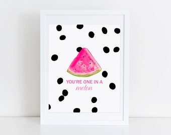 Watermelon Print Black and White Polka Dot Printable Artwork Typography Digital Print Kitchen Gallery Wall Watercolor Fruit Instant Download