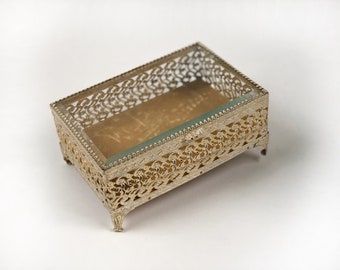 Antique French Victorian Jewellery Box, Rare Vintage Lace Bronze Jewelry Box, White Gold Matson Filigree Ormolu Casket Beveled Glass