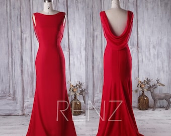 Red Bridesmaid Dress with Train, Cowl Back Wedding Dress, Bateau Neck Bodycon Prom Dress, Long Chiffon Evening Gown Floor Length (H281)