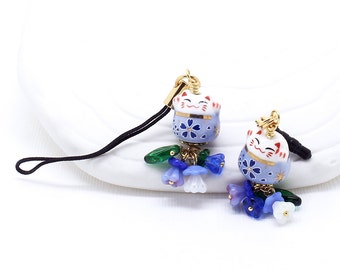 Happy Cat Blues - Maneki Neko Lucky Cat Bead, Phone Charm / Zipper Pull, Czech Glass Flowers, Choice of Dust Plug, Lanyard or Swivel Clasp