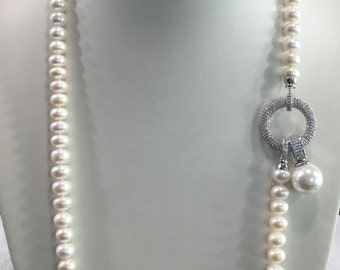 Long pearl necklace, 9-10mm, Freshwater Pearl Necklace, ivory Pearl necklace