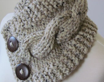Knit Neck Warmer, Cable Knit Scarf, Chunky Warm Winter Scarf in Oatmeal 6" x 25" Coconut Shell Buttons Ready to Ship - Gift for Her