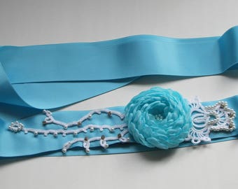 Aqua blue belt Aquablue belt with fabric flowers pearls and rhinestones all hand made Shoesclips and Boutonniere