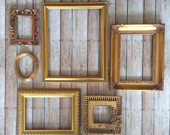 Gold Wall Frame Gallery - Picture Frames & Open Wall Frames - Set of 6 Oval Rectangle Square