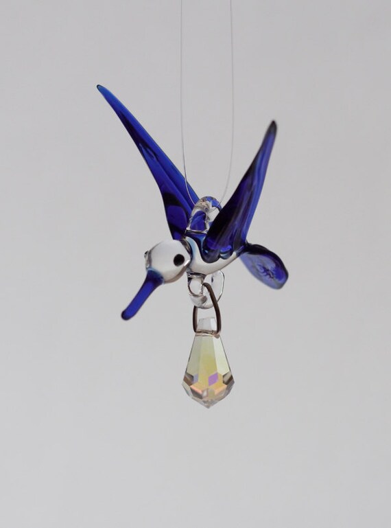 Small Blown Glass Hummingbird Ornament with Crystal Prism