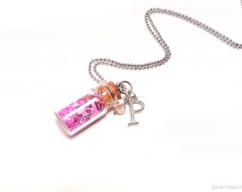 Pink Sparkle Necklace, Girls Monogram Necklace, Initial Necklace, Girls Personalized Necklace, Glitter Necklace, Vial Bottle Pendant