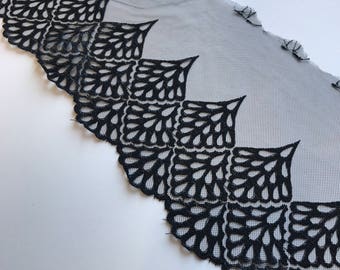 BLACK, 7" Wide, Embroidered Lace Trim, BTY By The Yard