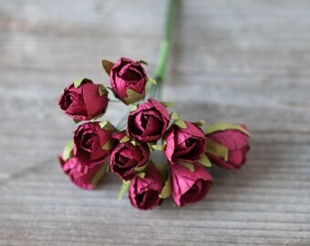 Miniature Red Wine Roses Small Mulberry Paper Roses Craft Flowers Burgundy Wreath Flowers Boutonniere Flowers Artificial Roses Fake Flowers
