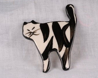 Ceramic Cat Brooch, Signed Cat Brooch 128