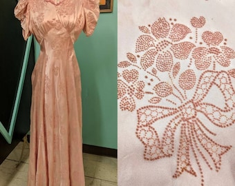 Vintage 30s Dress Pink Formal Gown Satin & Flocked Velvet 1930s