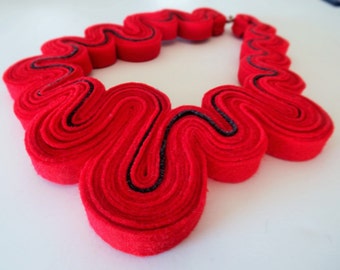 Statement Necklace Felt Necklace Felted Jewelry Recycled Eco Friendly Felt Bib Necklace In Red