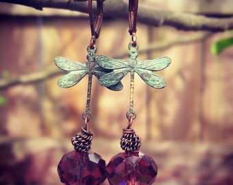 Brass Verdigris Dragonfly Earrings