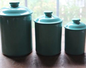 Vintage Mervyn's Stoneware Japan Teal 3 Piece Ceramic Kitchen Canister Set